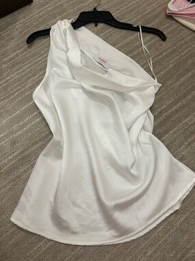 White Satin Cowl Neck One Shoulder Top